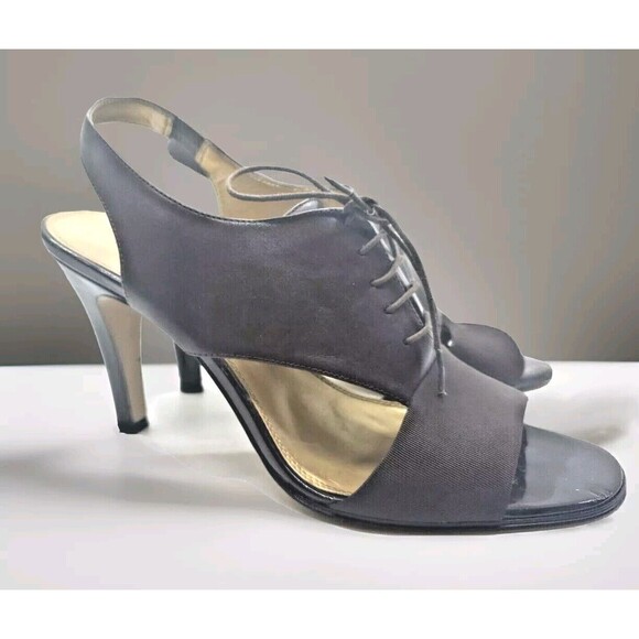 Tahari Lenore Sz 9.5 Leather Slingback Pumps Peep Toe Preppy Laces & Cutout Heel - Picture 1 of 9